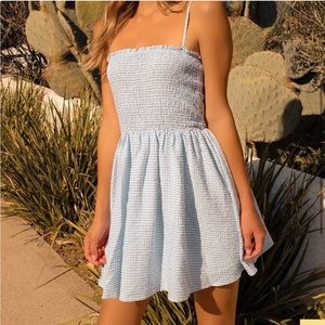 Lulus Gingham Plaid Baby Doll Dress Light Blue Smocked Mini Dress LARGE